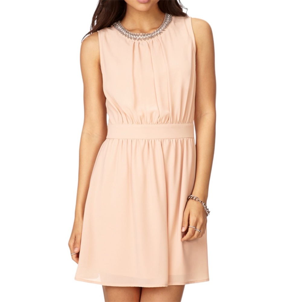 Forever 21 Beaded Neck Sleeveless Chiffon Peachy Pink Nude Dress Women's Size M - Picture 3 of 13